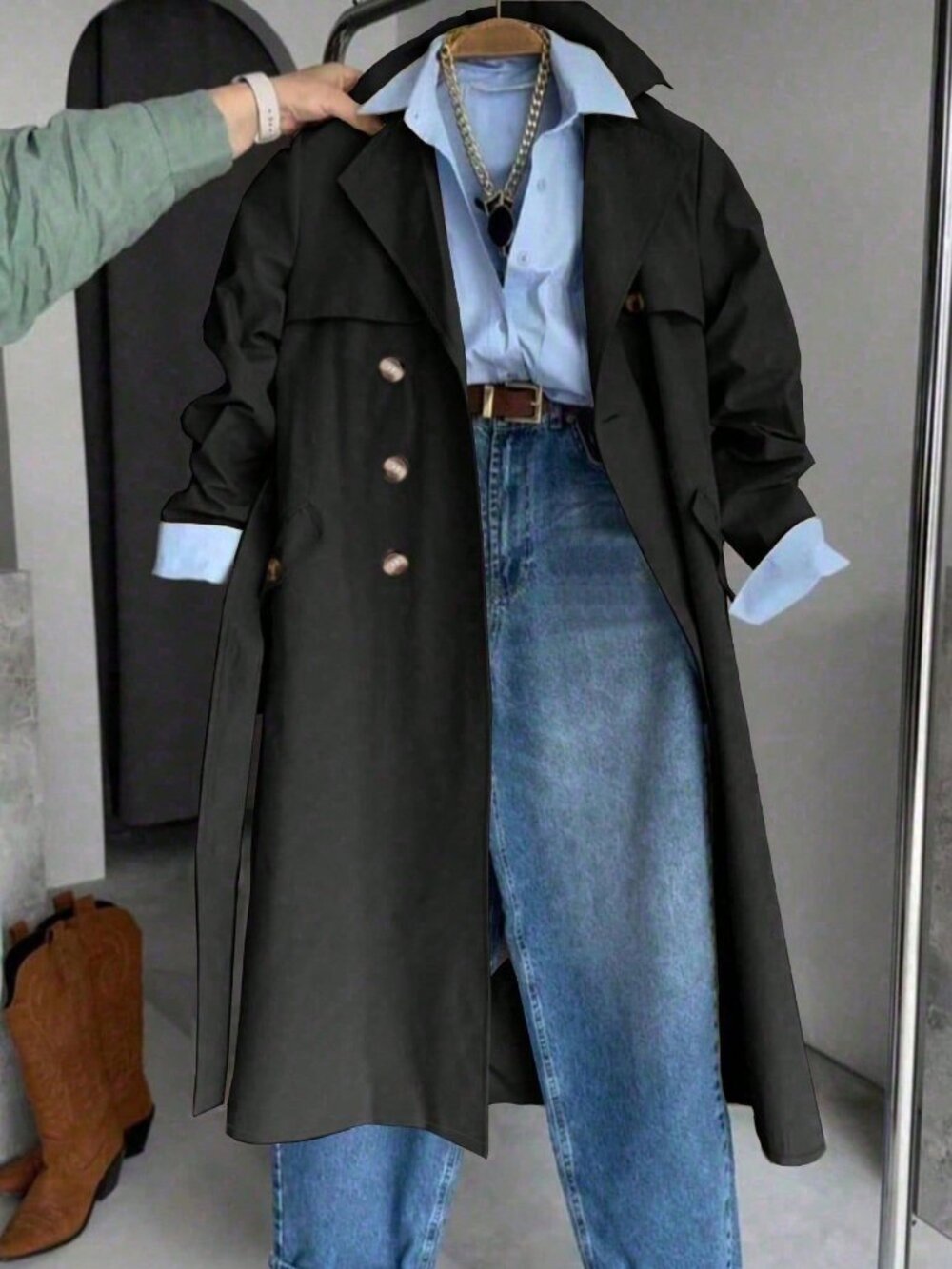 Black Casual Women's Long Sleeve Single-Breasted Trench Coat